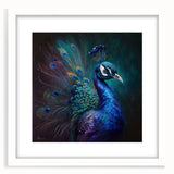 Elegant wall art featuring a peacock design in vibrant colors, framed with a white mat and a sleek black frame, perfect for enhancing modern decor.
