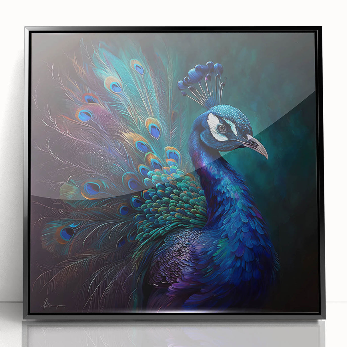 Framed wall art showcasing a vibrant peacock design with intricate details, set in a sleek black frame, ideal for enhancing modern home decor aesthetics.