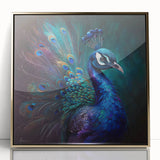 Framed wall art featuring a vibrant peacock design in gold and blue tones, perfect for enhancing modern home decor. Ideal for living rooms or art enthusiasts.