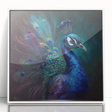 Framed wall art showcasing a vibrant peacock design with intricate details in rich colors, set against a white background, adding elegance to any decor.