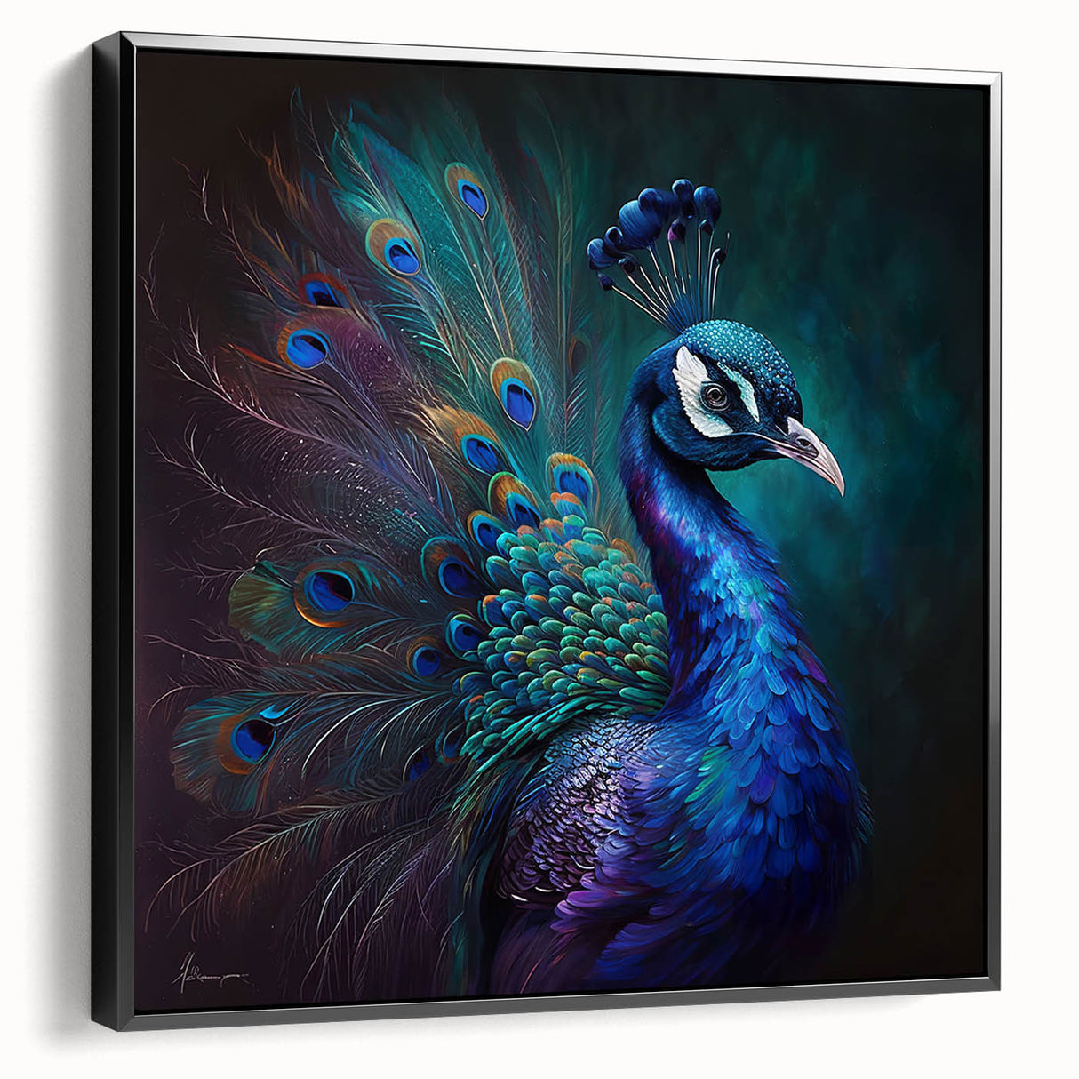 Framed wall art featuring a vibrant peacock design on canvas, showcasing rich colors and intricate details, perfect for home decor or art collections.