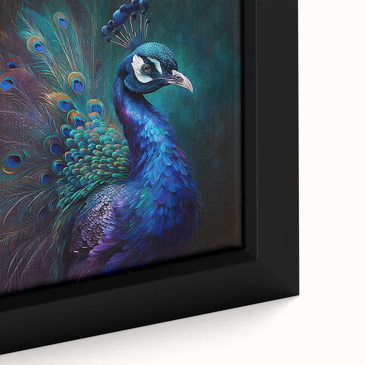 Close-up of a vibrant peacock design wall art piece, featuring intricate details and rich colors, framed for a stylish addition to home decor. Perfect for bird lovers and art enthusiasts.