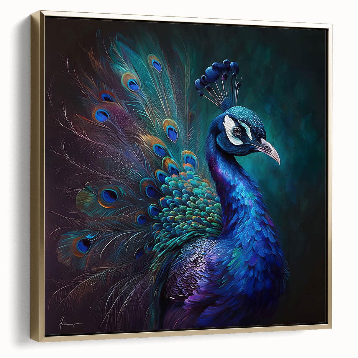Framed canvas wall art featuring an intricate peacock design with vibrant gold and blue hues, elegantly displayed in a side view, perfect for home decor.