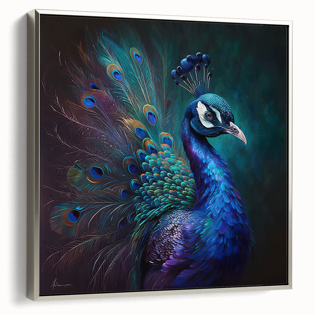 Framed canvas wall art showcasing an elegant peacock design with vibrant colors and intricate detailing, set against a sleek silver frame, ideal for home decor.