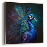 Framed canvas wall art showcasing an elegant peacock design with vibrant colors and intricate detailing, set against a sleek silver frame, ideal for home decor.