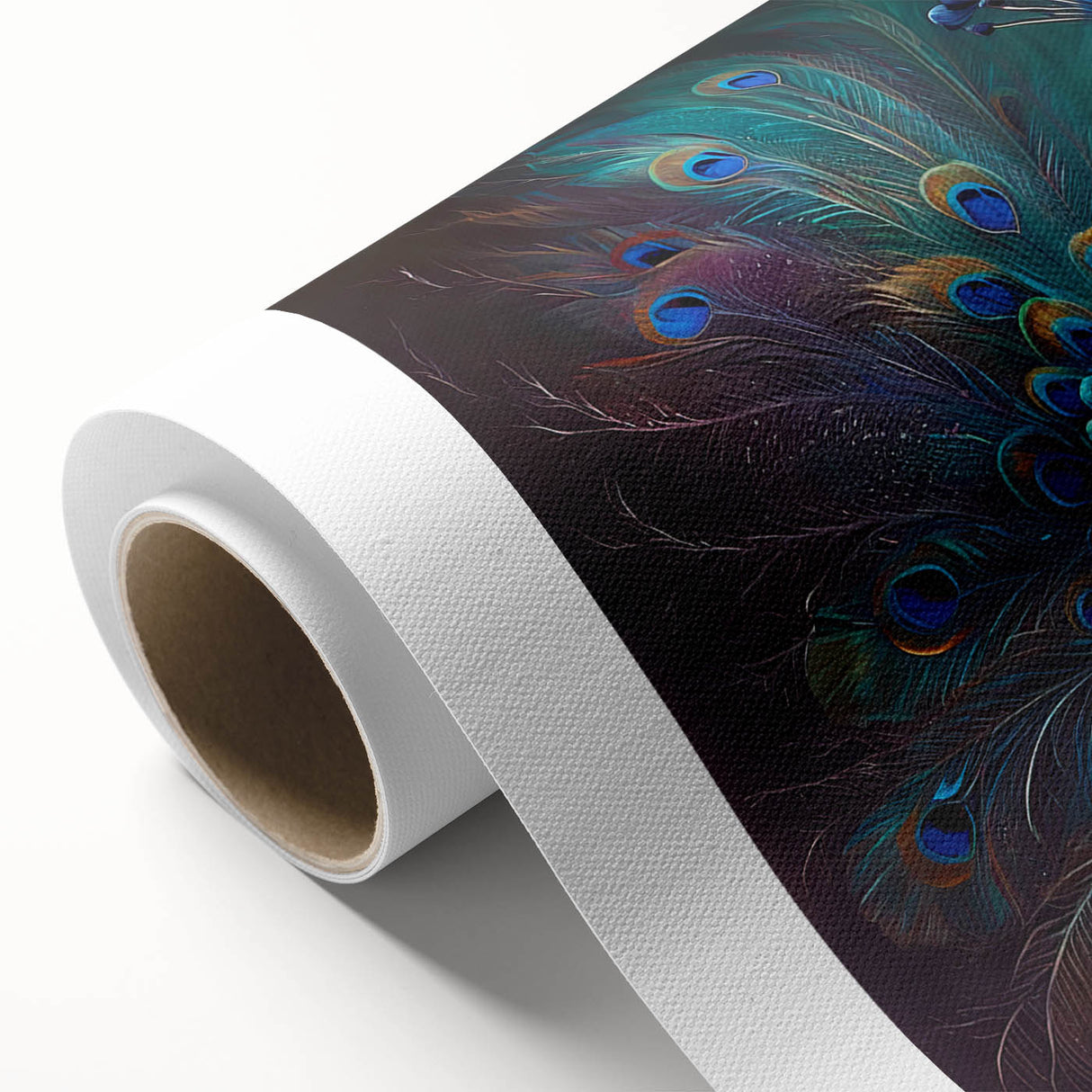 Vibrant peacock design wall art on rolled canvas, showcasing intricate feathers in shades of blue and green, ideal for enhancing modern decor.