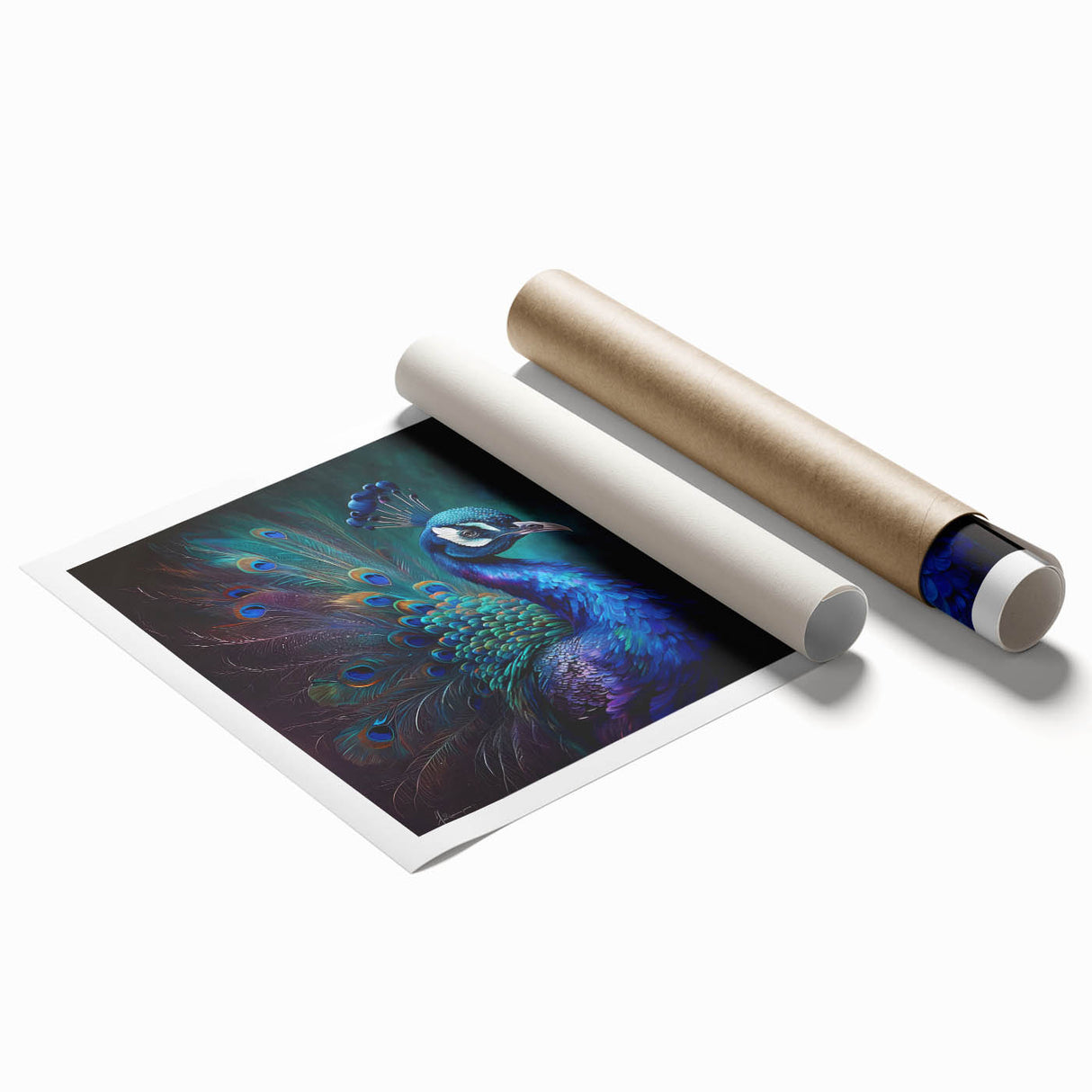 Vibrant peacock design wall art print showcasing intricate feather details and rich colors, rolled for easy shipping and display in a stylish setting.