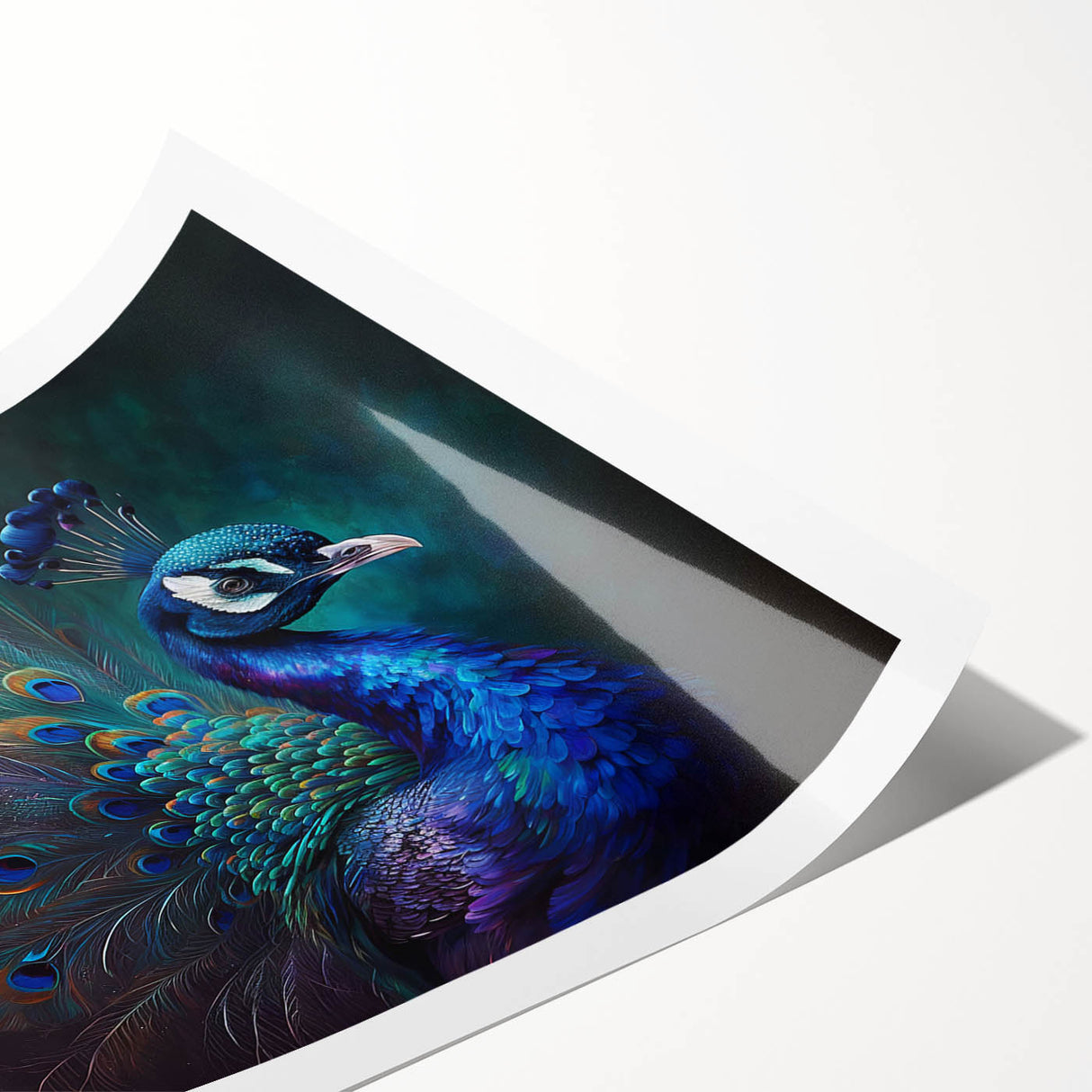 Vibrant peacock design wall art print showcasing intricate details and vivid colors on a rolled canvas, perfect for home decor and artistic displays.