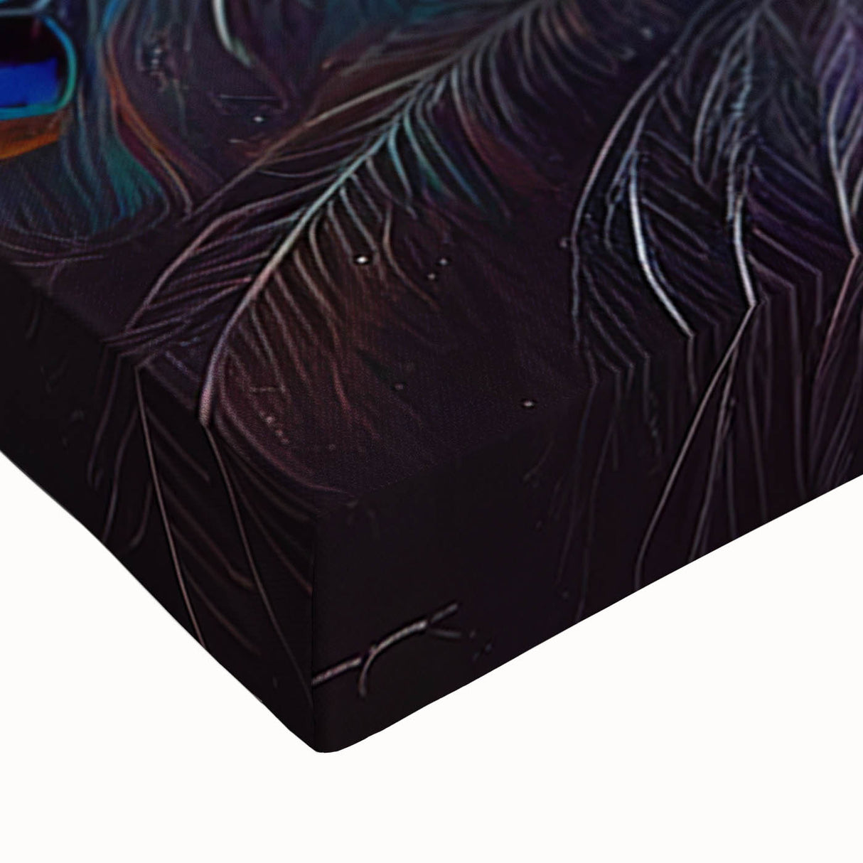 Close-up of vibrant peacock wall art on stretched canvas, showcasing intricate feather details in rich blues and greens, perfect for home decor.