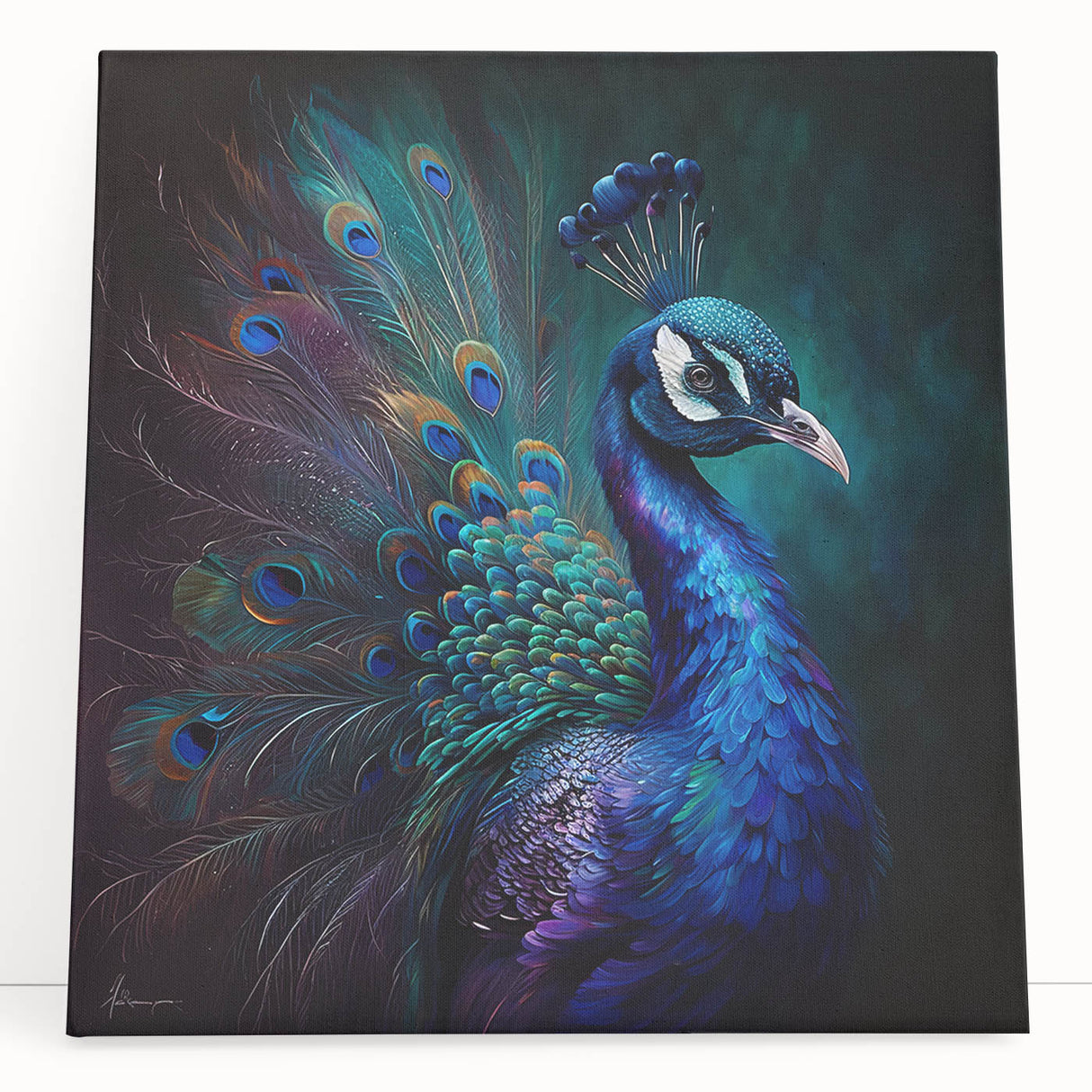 Vibrant peacock-themed wall art design printed on stretched canvas, showcasing intricate feather details in rich blues and greens, perfect for home decor.