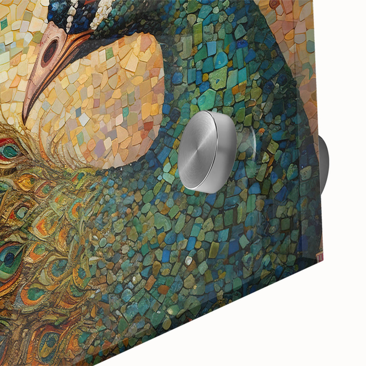 Close-up of a vibrant peacock design in acrylic glass wall art, showcasing intricate details and rich colors, perfect for adding a touch of elegance to any space. Ideal for home decor enthusiasts seeking unique artistic pieces.
