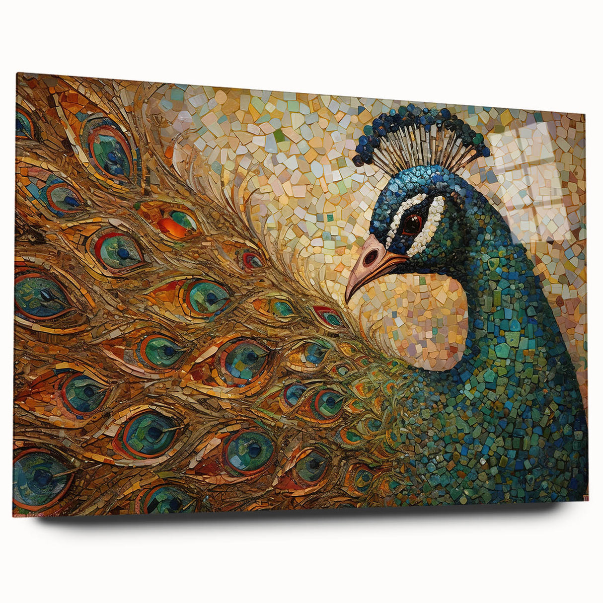 Acrylic wall art showcasing a vibrant peacock design in rich blues and greens, elegantly displayed from the side without pins, perfect for enhancing contemporary decor.
