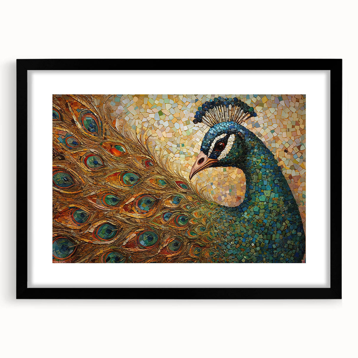 Peacock-themed wall art design framed in black, showcasing intricate feather details and vibrant colors, ideal for enhancing modern home decor.