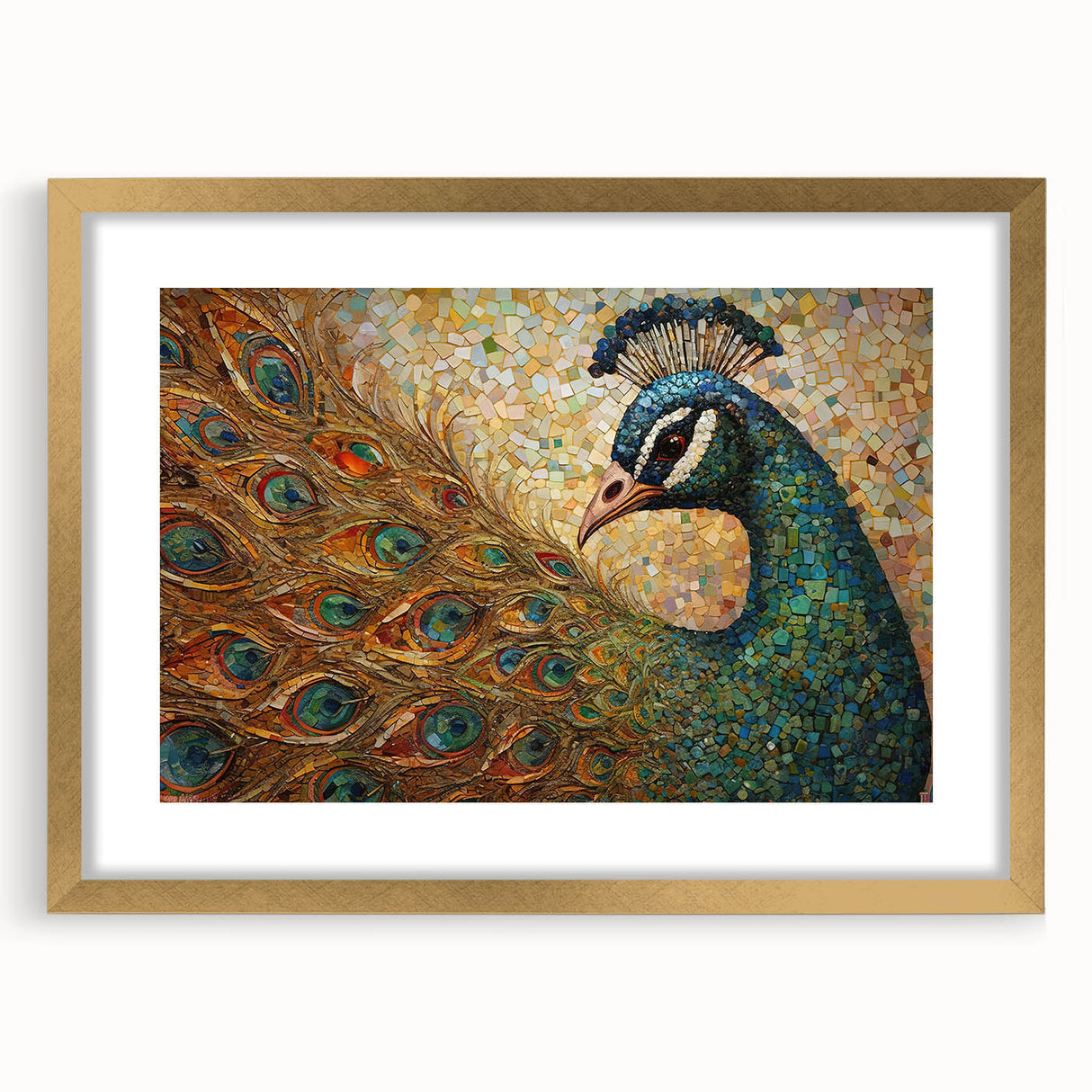 Peacock-themed wall art frame displaying vibrant colors and intricate designs, showcasing gold accents and a mat for added elegance, perfect for home decor.