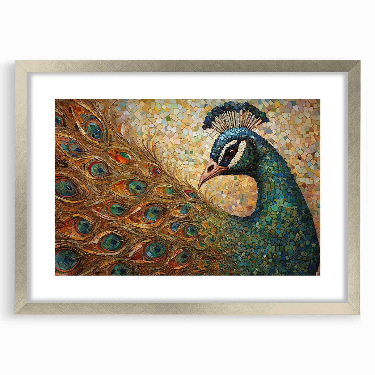 Peacock-themed wall art framed in silver, showcasing intricate designs and vibrant colors, ideal for enhancing home decor with a touch of elegance.
