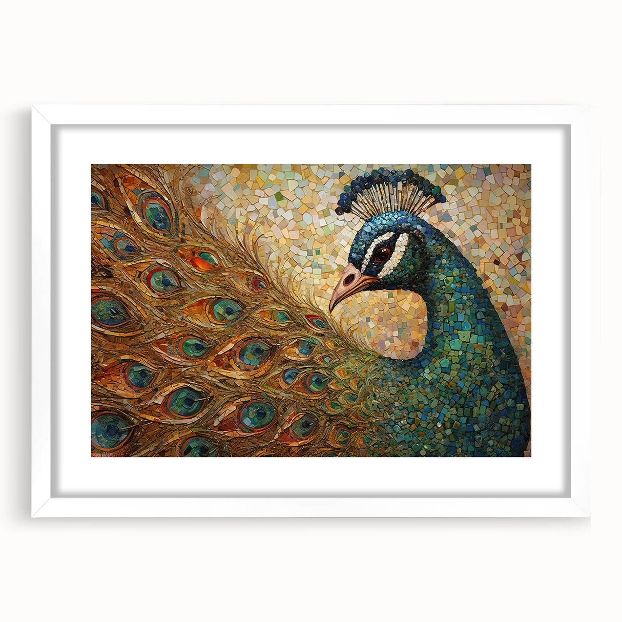 Peacock design wall art collection displayed in a white frame with matting, showcasing vibrant colors and intricate details, perfect for home decor accents.