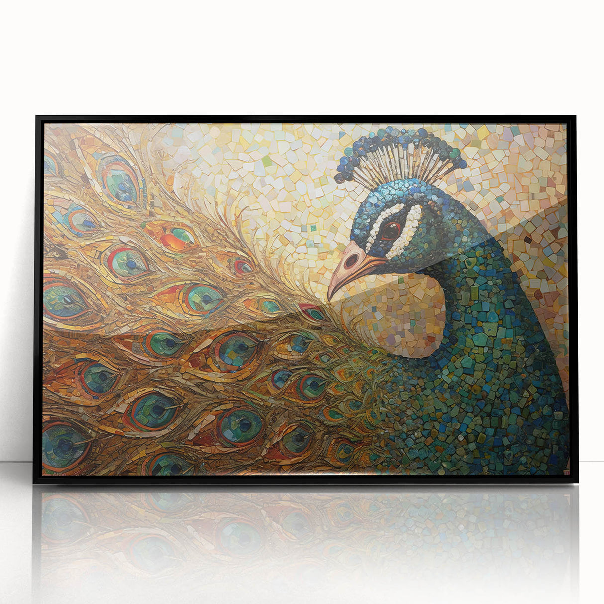 Framed wall art showcasing an elegant peacock design in vibrant colors, featuring a black frame and acrylic front, perfect for modern home decor.