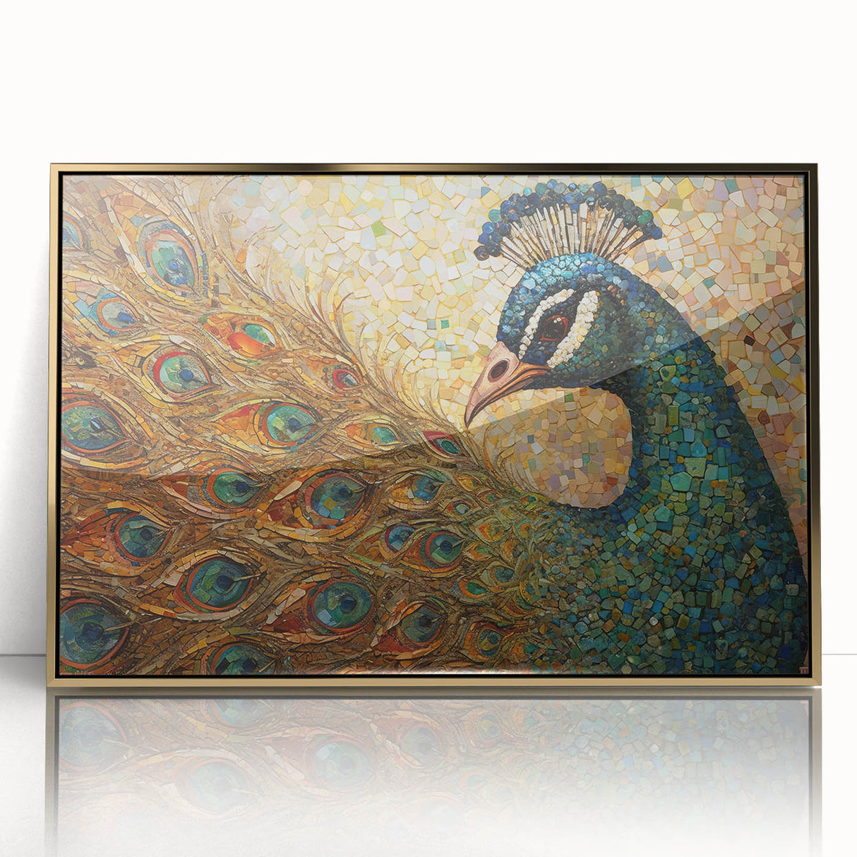 Framed wall art featuring a stunning peacock design in vibrant colors, showcasing intricate detailing and a gold-acrylic finish, perfect for enhancing home decor.