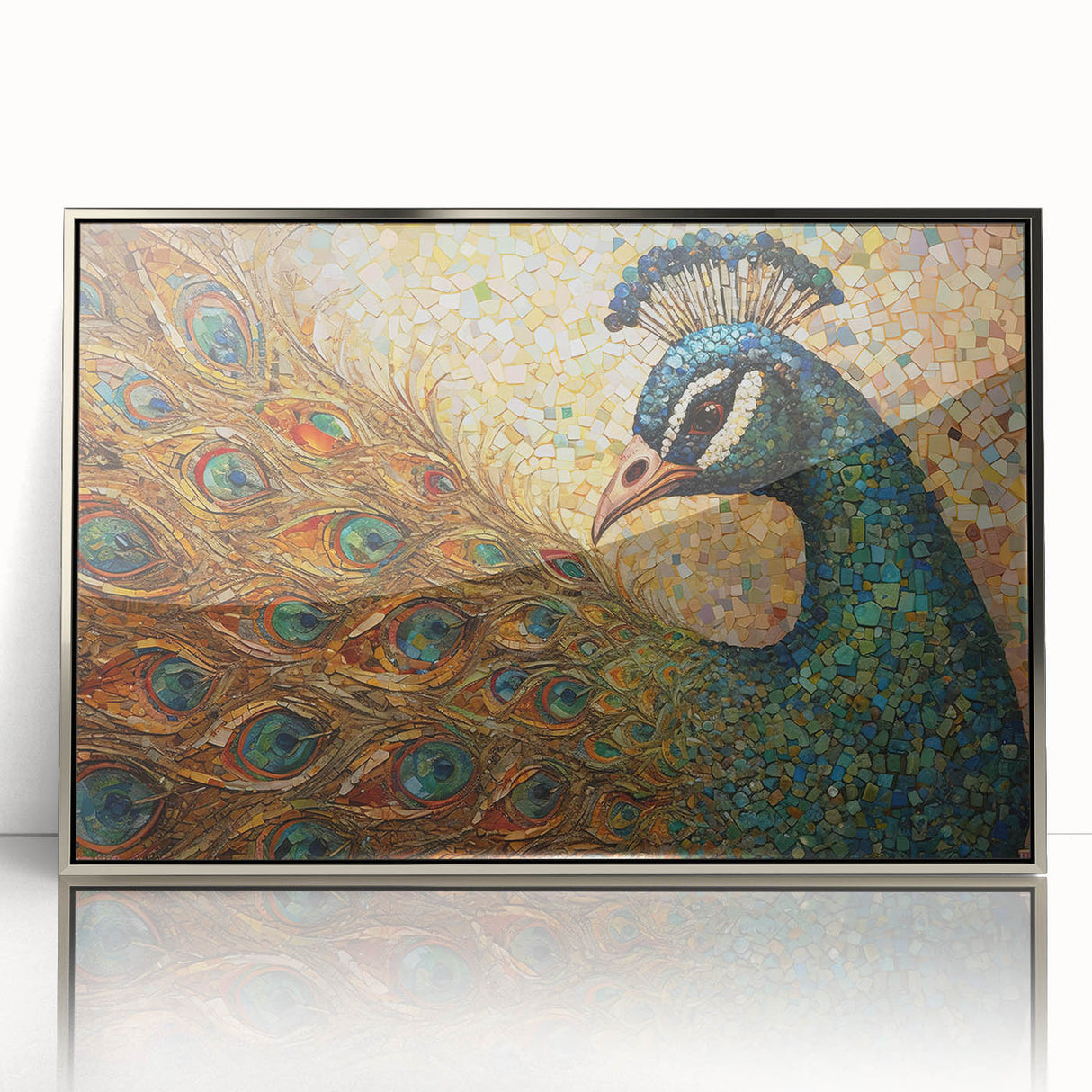 Framed wall art featuring a vibrant peacock design in rich blues and greens, set in an elegant silver frame, perfect for adding a touch of sophistication to any decor.