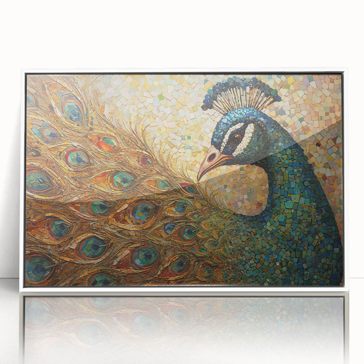 Framed wall art showcasing a vibrant peacock design on a white background, highlighting intricate details and colors, perfect for home decor.