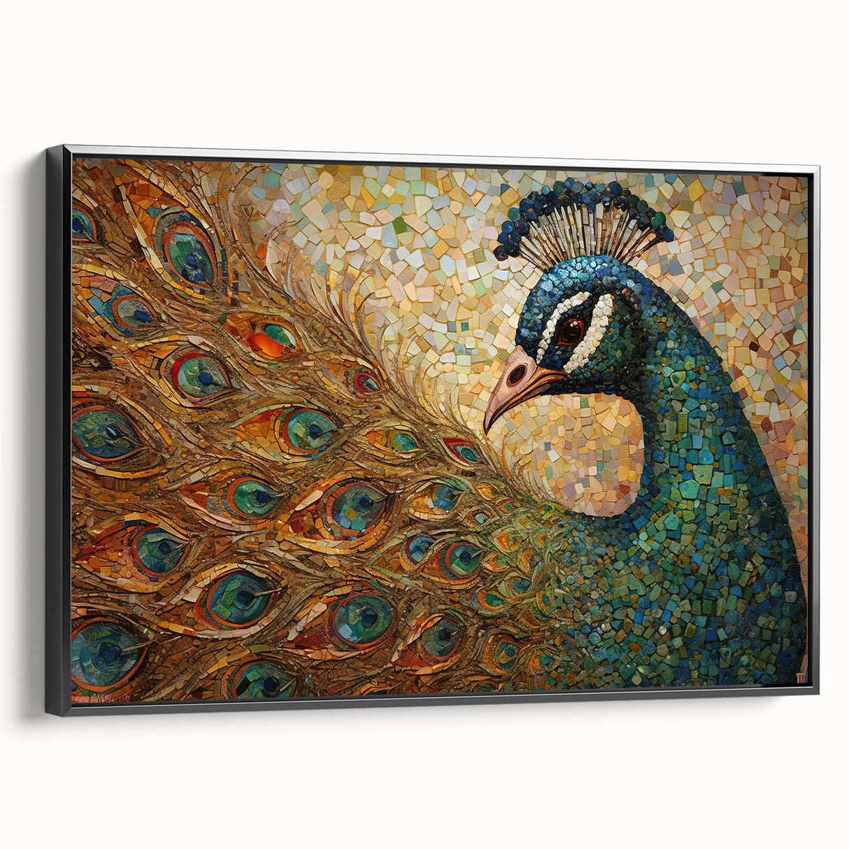 Framed wall art featuring a vibrant peacock design in vivid colors, displayed from a black side view, perfect for enhancing modern home decor aesthetics.