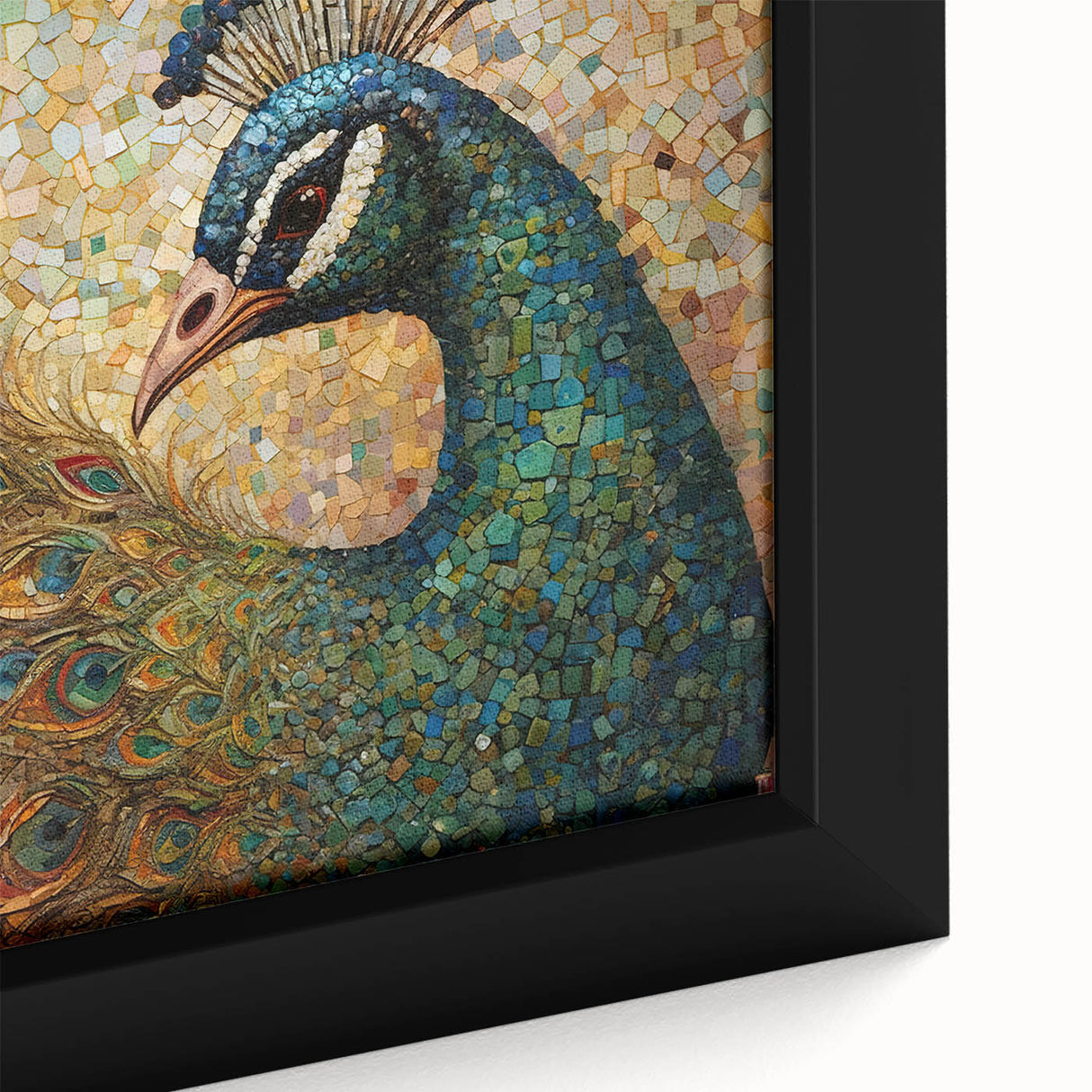 Close-up of a framed canvas showcasing a vibrant peacock design with intricate patterns in blue, green, and gold hues, perfect for adding a touch of elegance to any decor.
