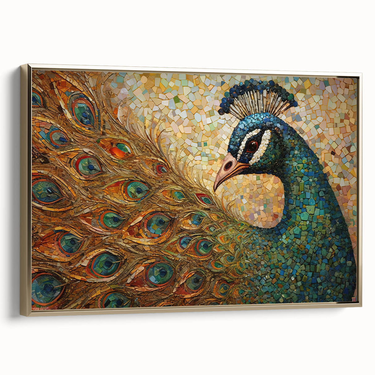 Elegant framed canvas wall art featuring a peacock design in vibrant colors, accented with gold detailing. The side view showcases its sophisticated style, perfect for enhancing home decor.