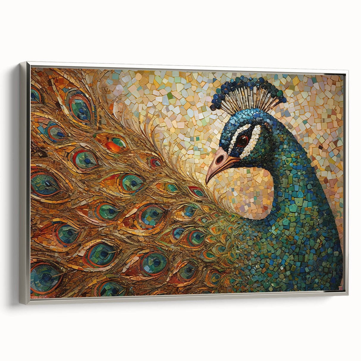 Framed wall art featuring a stunning peacock design in vibrant colors, elegantly displayed with a silver frame, showcasing intricate details and textures.