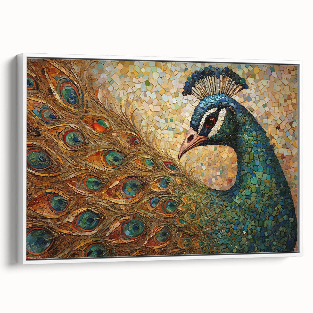Framed canvas wall art showcasing an elegant peacock design with vibrant blue and green feathers, set against a white background, perfect for modern decor.