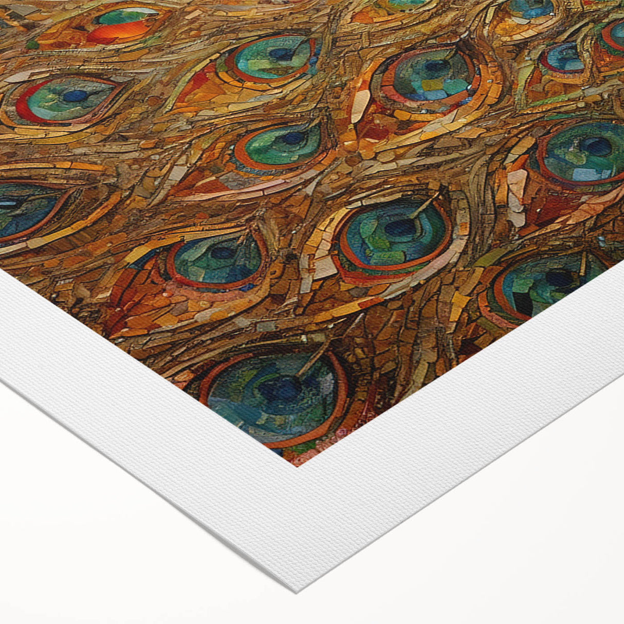 Vibrant rolled canvas featuring intricate peacock design wall art, showcasing rich colors and detailed patterns, perfect for adding elegance to home decor.