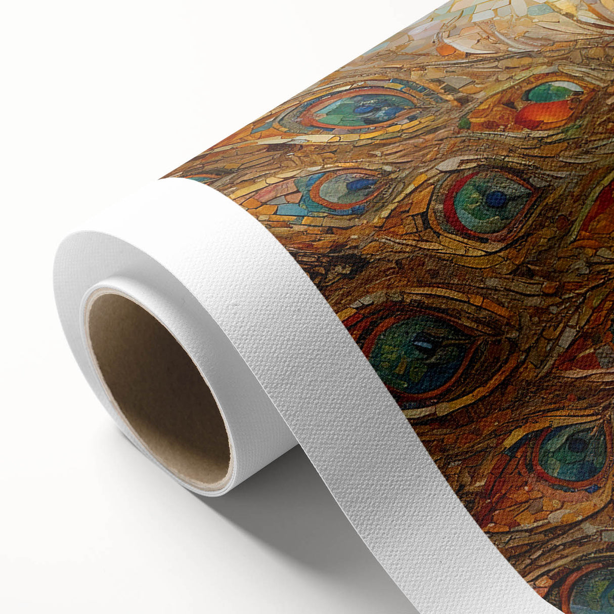 Vibrant peacock design showcased on a rolled canvas wall art piece, featuring rich colors and intricate patterns, perfect for home decor and artistic expression.
