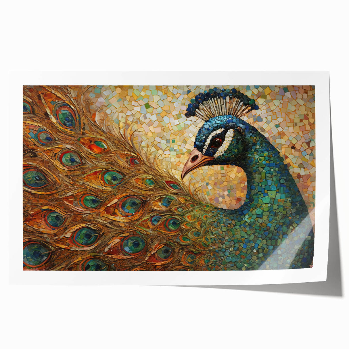 Vibrant peacock-themed wall art print showcasing intricate feather details in rich blues and greens, rolled for shipping in a protective tube, perfect for home decor.