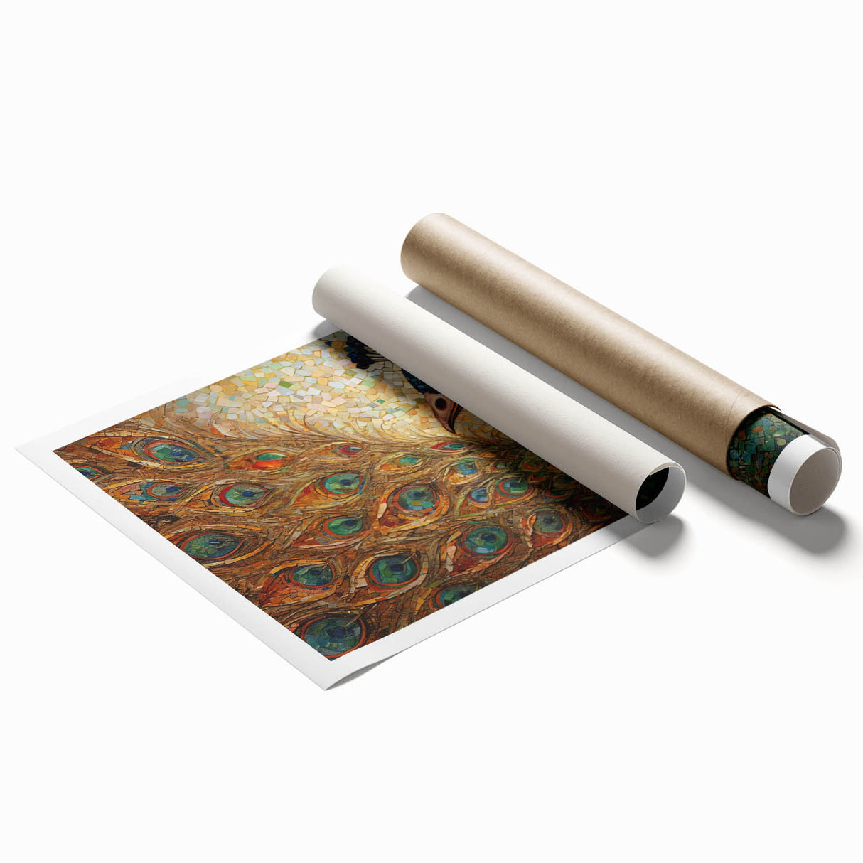 Vibrant peacock design wall art print featuring intricate details and rich colors, rolled and ready for display in a stylish home decor setting.