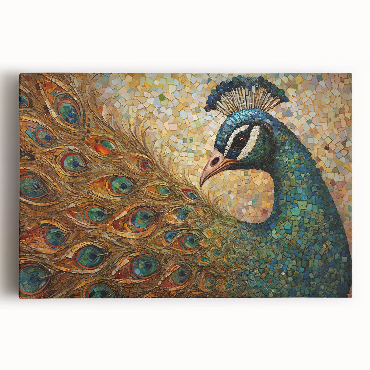 Vibrant peacock design stretched canvas wall art featuring intricate feather details and rich colors, perfect for enhancing modern home decor aesthetics.