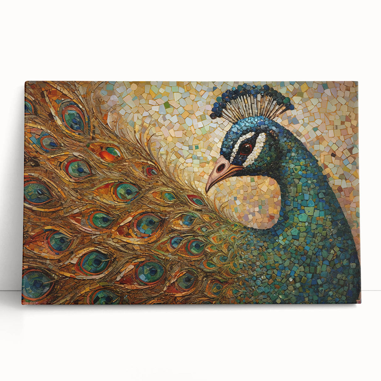 Stretched canvas wall art featuring an elegant peacock design with vibrant blue and green hues, perfect for enhancing any living space decor.