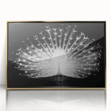 Framed wall art featuring an elegant peacock design with vibrant colors and gold accents, ideal for enhancing modern decor in living spaces or offices.