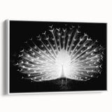 Framed wall art featuring an elegant peacock design in vibrant colors, showcased from a side view, perfect for adding a touch of sophistication to home decor.