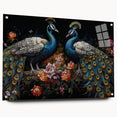 Colorful peacock design wall art collection displayed in acrylic glass, showcasing intricate details and vibrant hues, ideal for modern home decor.