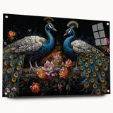 Colorful peacock design wall art collection displayed in acrylic glass, showcasing intricate details and vibrant hues, ideal for modern home decor.
