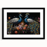 Elegant wall art collection featuring a peacock design in a black frame, showcasing vibrant colors and intricate details, ideal for home decor enhancement.