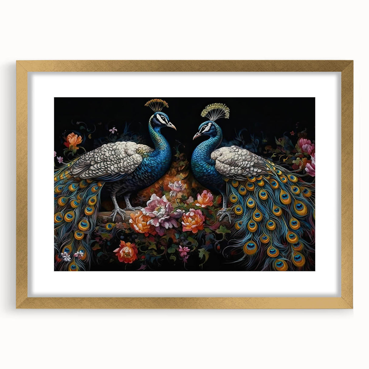 Elegant wall art collection featuring a peacock design framed in gold, showcasing vibrant colors and intricate details, perfect for enhancing home decor.