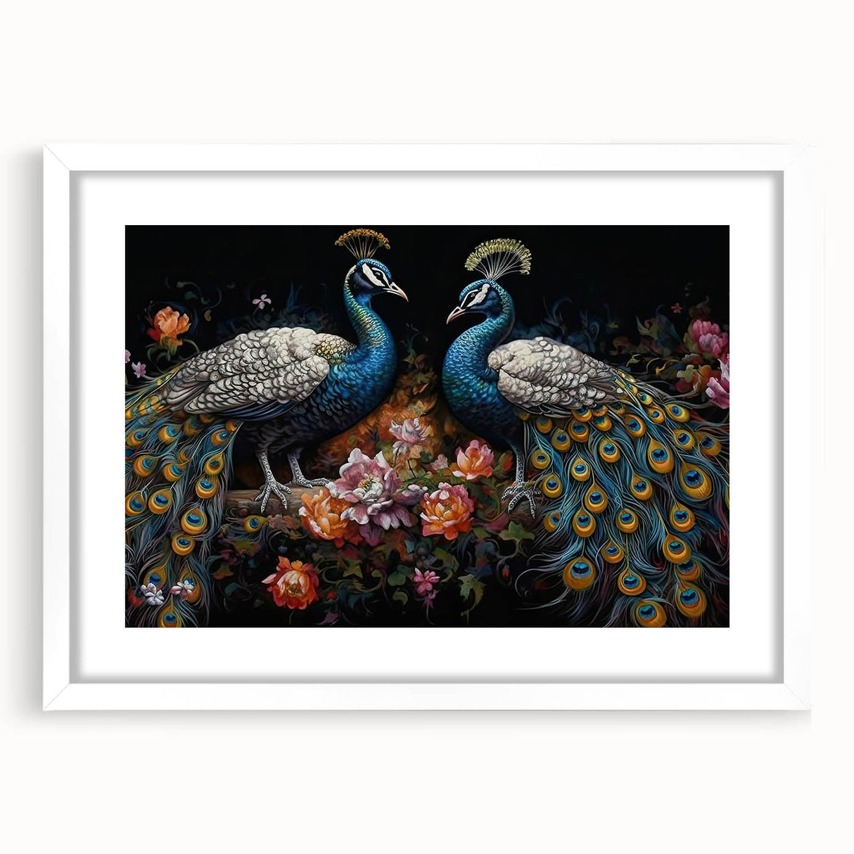Elegant wall art collection featuring a framed peacock design with a white mat, showcasing vibrant colors and intricate details, perfect for enhancing home decor.