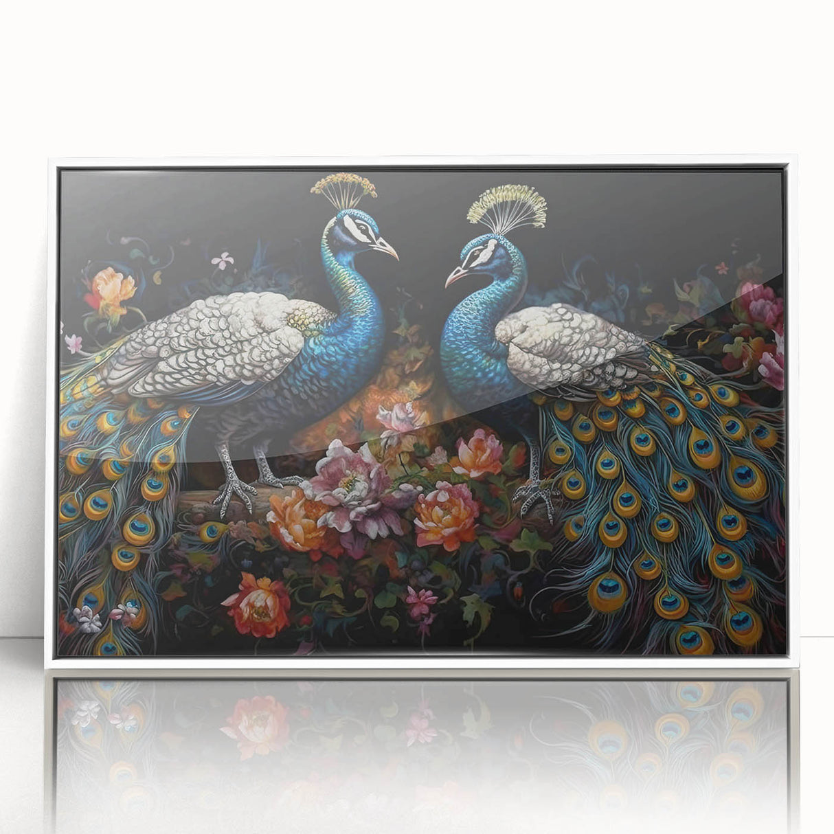 Framed wall art featuring a vibrant peacock design in rich colors, showcasing intricate details against a white background, perfect for home decor.