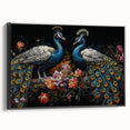 Framed canvas wall art showcasing a vibrant peacock design with intricate details, presented in a sleek black frame, perfect for enhancing modern decor.