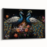 Framed canvas wall art showcasing a vibrant peacock design with intricate details, presented in a sleek black frame, perfect for enhancing modern decor.