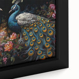 Close-up of a beautifully framed canvas wall art featuring a vibrant peacock design with intricate details and rich colors, perfect for home decor enhancement.