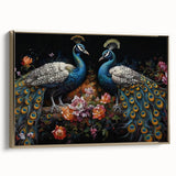 Elegant framed canvas wall art showcasing a vibrant peacock design in gold tones, set against a textured background, perfect for enhancing modern decor.
