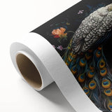 Vibrant peacock design in a rolled canvas wall art collection, showcasing intricate colors and patterns, perfect for adding elegance to modern decor.