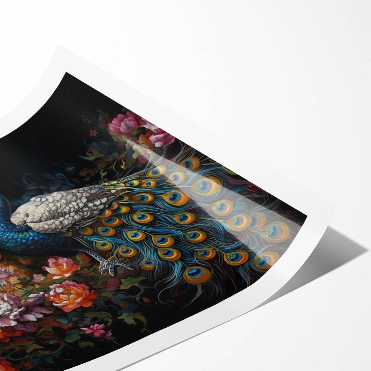 Vibrant peacock design wall art print showcasing intricate feather details in rich blues and greens, rolled for easy shipping and display options. Ideal for enhancing home decor with a touch of elegance.