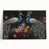Vibrant peacock-themed wall art collection on stretched canvas, showcasing intricate feather details in blues and greens, perfect for elegant home decor.